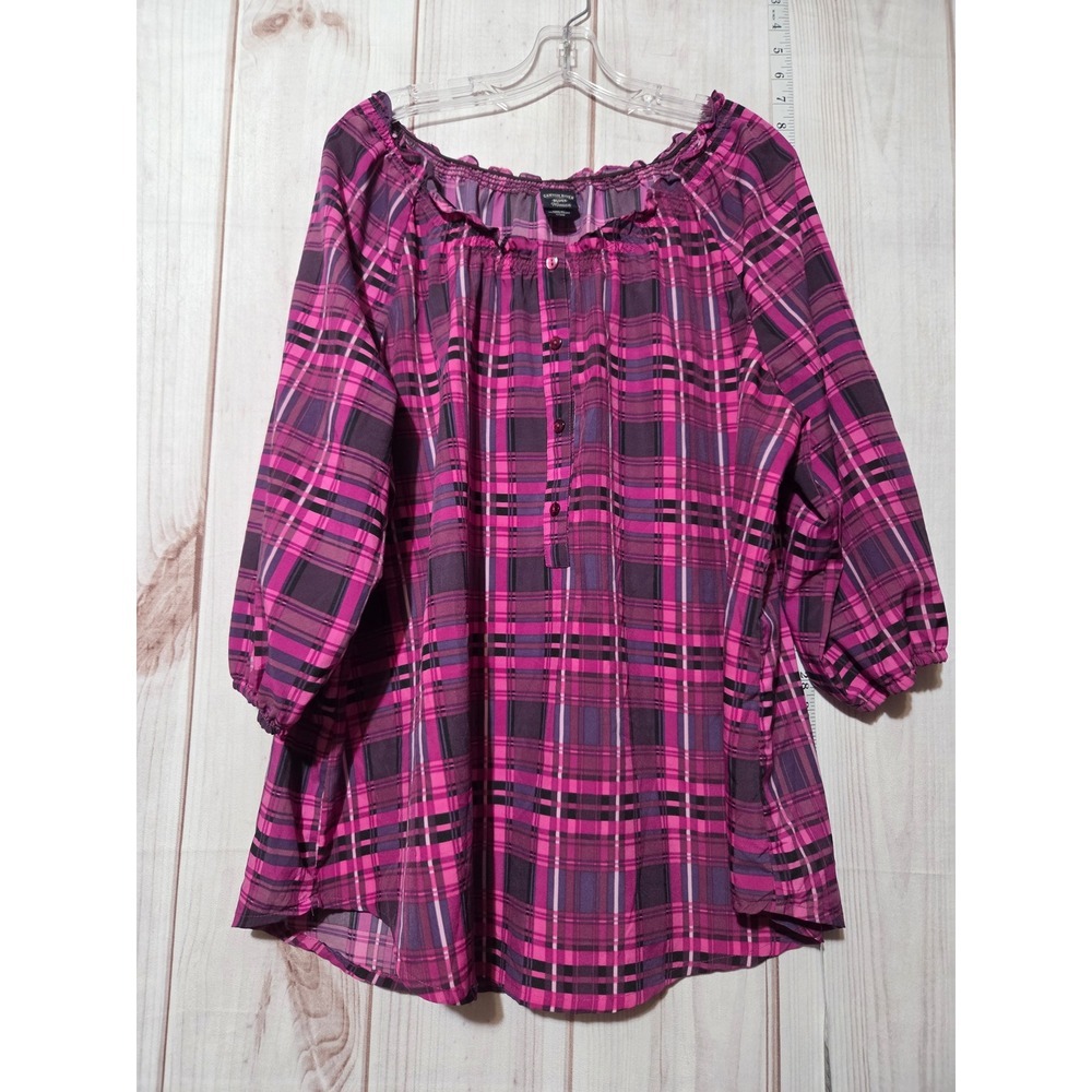 Ladies 16 Canyon River Purple Plaid Off Shoulder Tunic Top Blouse 3/4 Sleeve